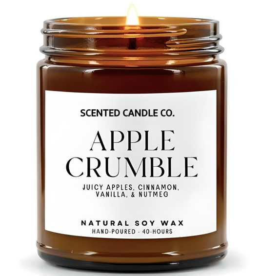 apple crumble scented vegan friendly soy candle in amber jar