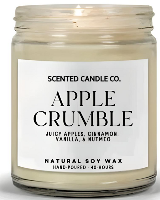 apple crumble scented vegan friendly soy candle in clear jar