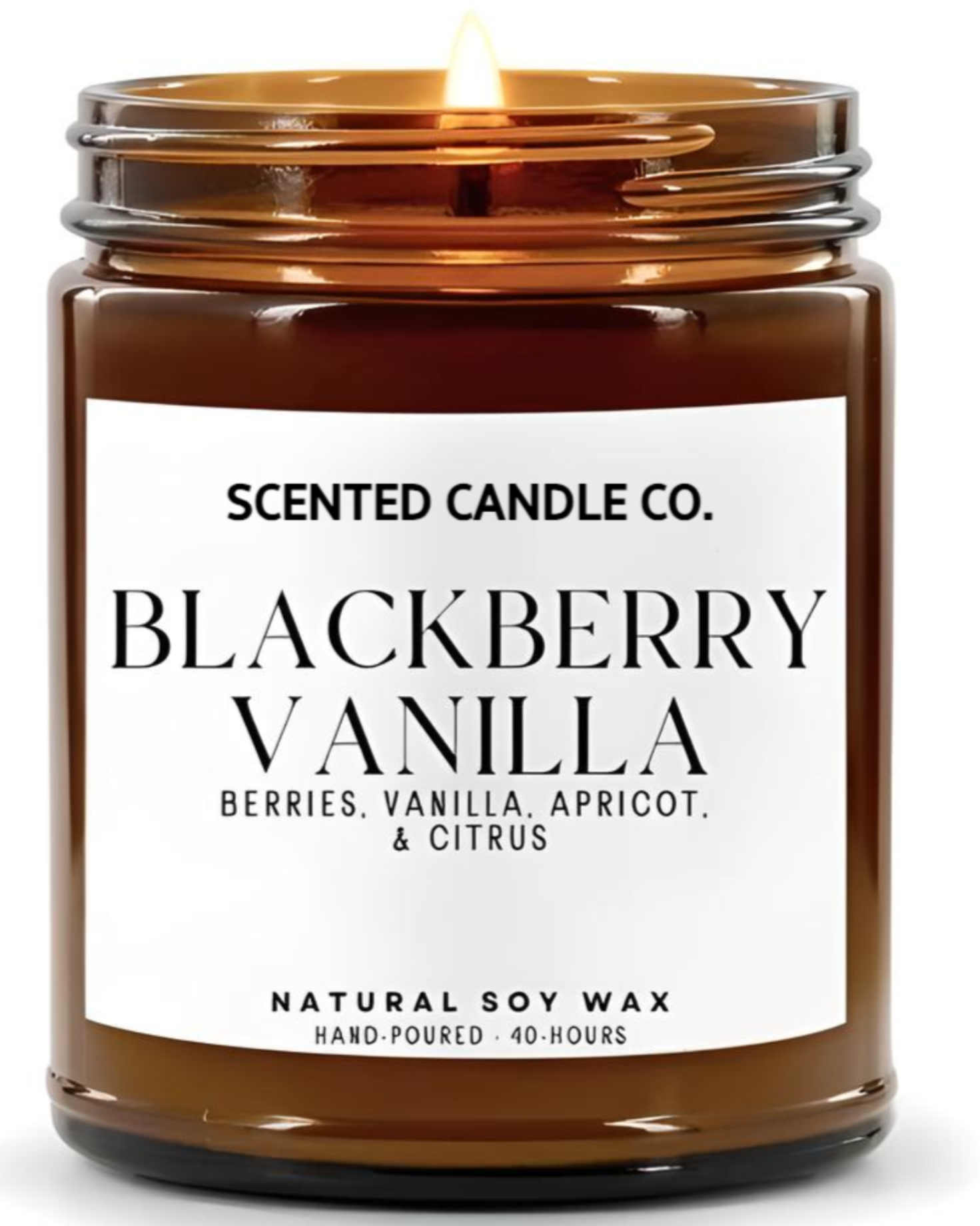 blackberry vanilla scented vegan friendly soy candle in amber jar