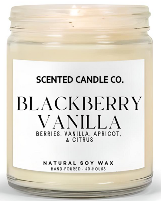 blackberry vanilla scented vegan friendly soy candle in clear jar