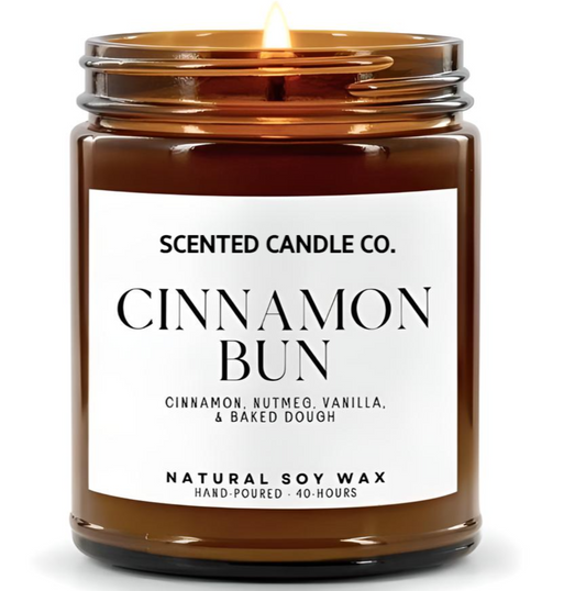 cinnamon bun scented vegan friendly soy candle in amber jar