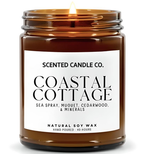 coastal cottage scented vegan friendly soy candle in amber jar