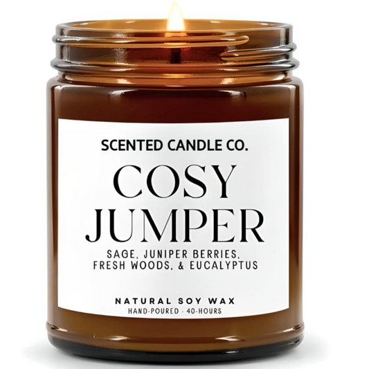 cosy jumper scented vegan friendly soy candle in amber jar