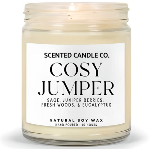 cosy jumper scented vegan friendly soy candle in clear jar