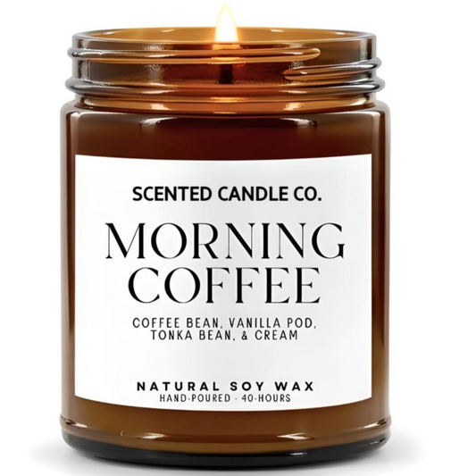 morning coffee scented vegan friendly soy candle in amber jar