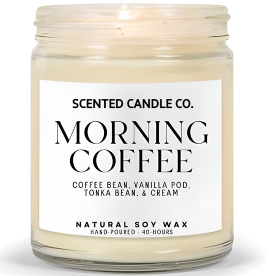 morning coffee scented vegan friendly soy candle in clear jar