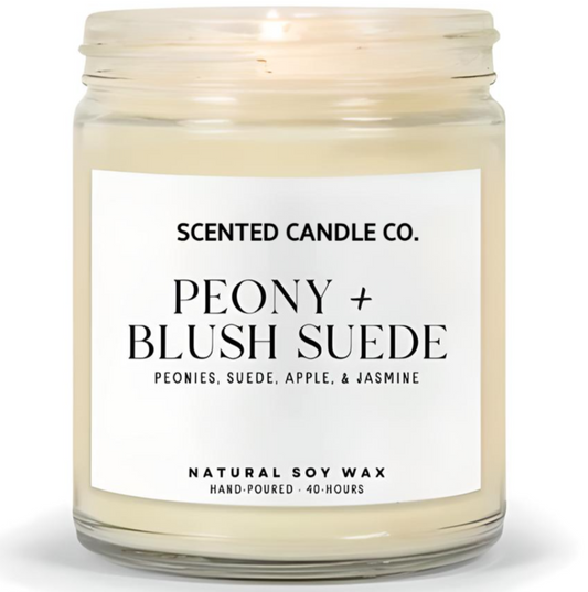 peony and blush suede scented vegan friendly soy candle in clear jar