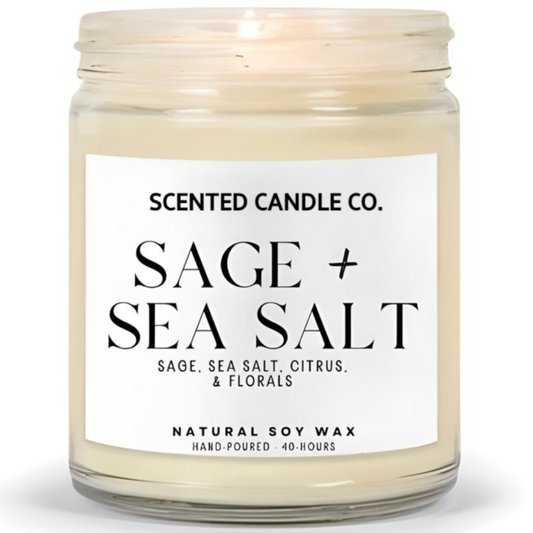 sage and sea salt scented vegan friendly soy candle in clear jar