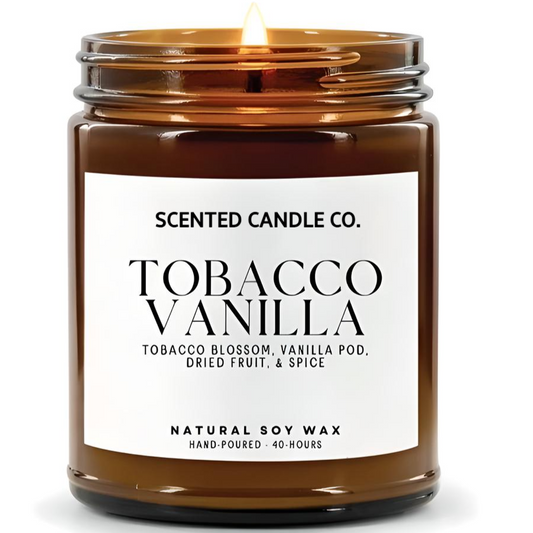 tobacco vanilla scented vegan friendly soy candle in amber jar