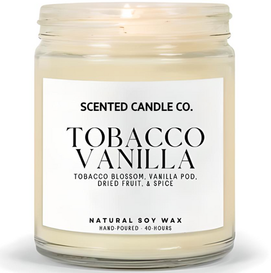 tobacco vanilla scented vegan friendly soy candle in clear jar