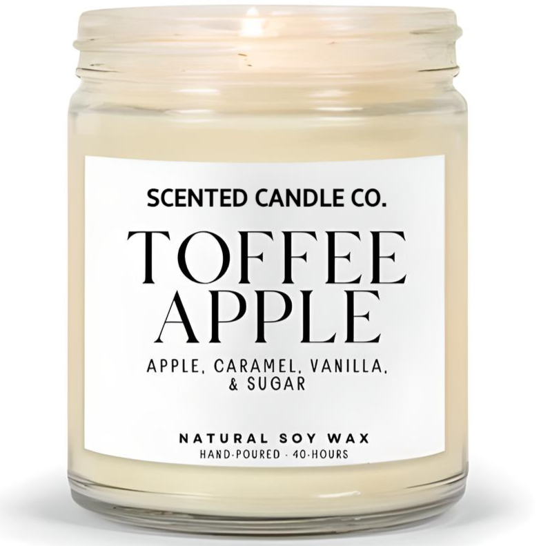 toffee apple scented vegan friendly soy candle in clear jar