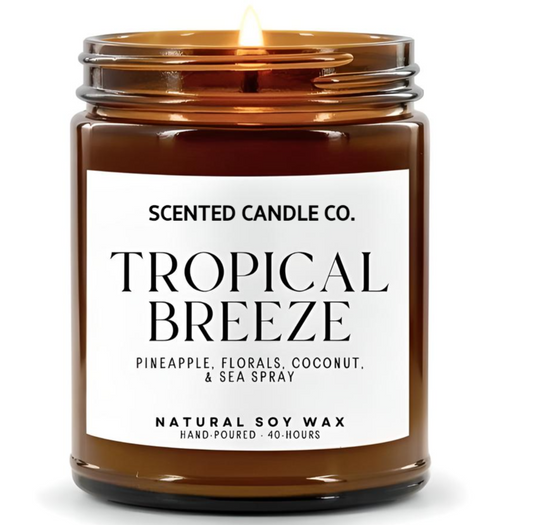 tropical breeze scented vegan friendly soy candle in amber jar