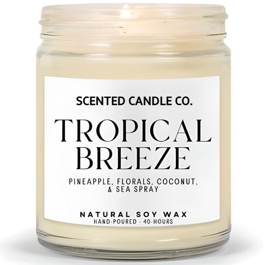 tropical breeze scented vegan friendly soy candle in clear jar