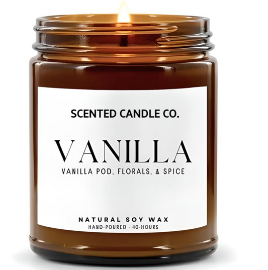 vanilla scented vegan friendly soy candle in amber jar